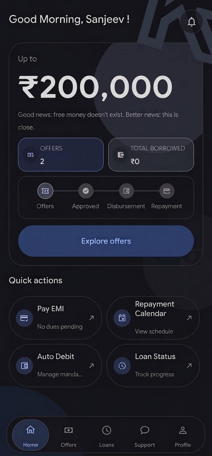KreditCall mobile home screen showing ₹1,815 with Explore Offers button